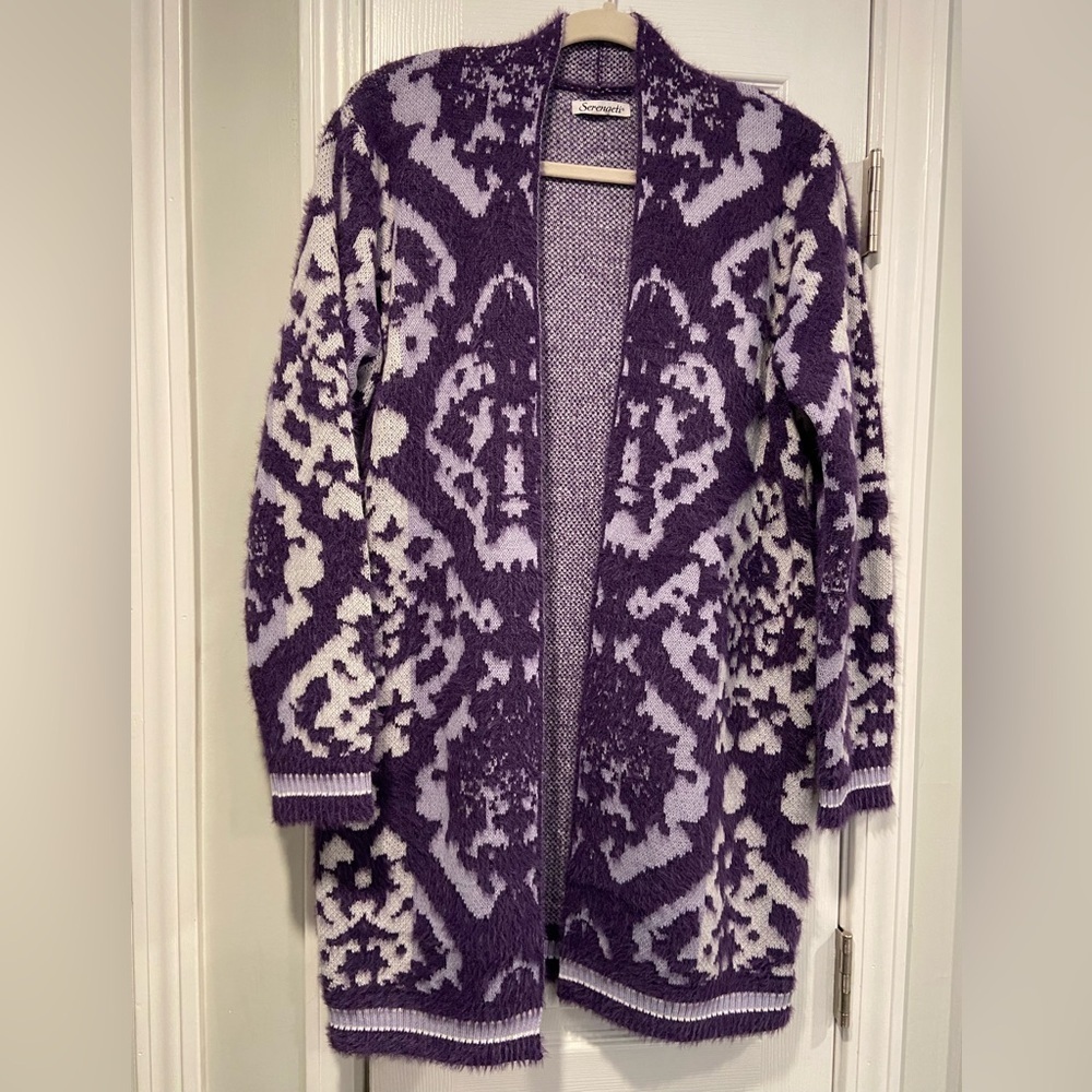 NWOT Serengeti Size L Purple White Fuzzy Oversized Open Front Knit Long Cardigan